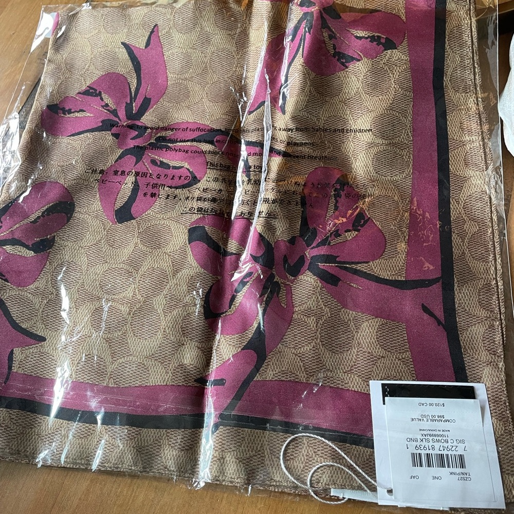 Coach Signature Pink and Tan Bow Pattern Scarf/Bandana